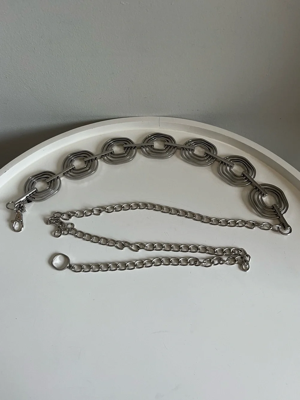 Chico’s Silver Tone Geometric Circles Metal Chain Belt Adjustable One Size